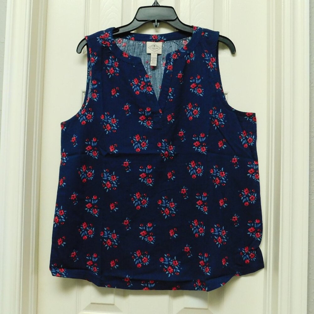 ST. JOHN’S BAY Womens Y Neck Sleeveless Tank Blouse Navy Floral Large
